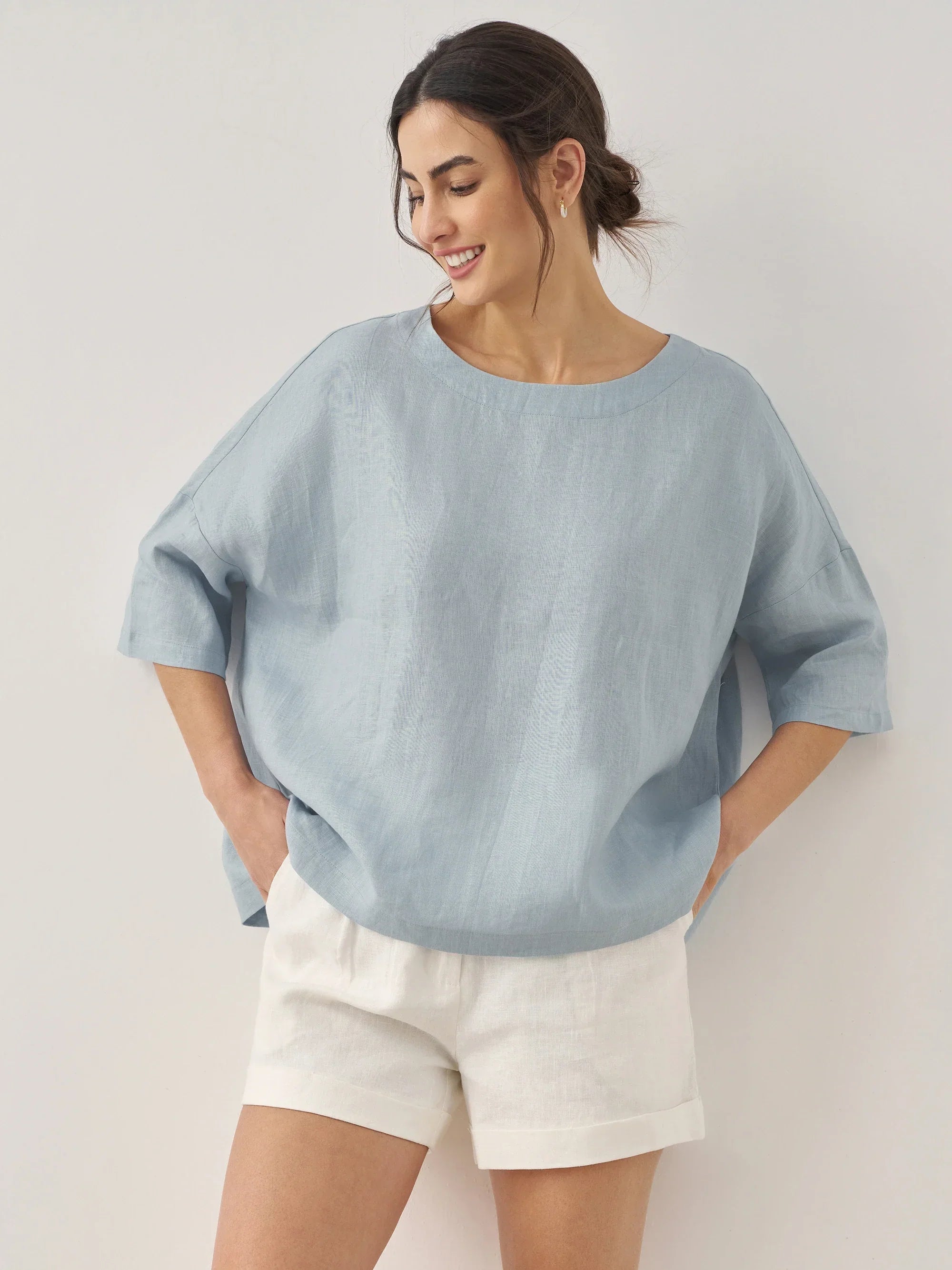 100% Linen Boatneck 3/4 Length Sleeve Top AURORA 