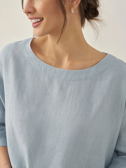 100% Linen Boatneck 3/4 Length Sleeve Top AURORA by LINTICO