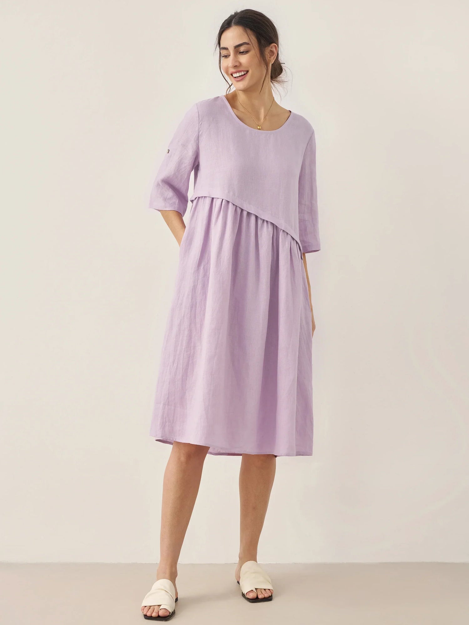 100% Linen Asymmetrical Pleated Round Neck Midi Dress YOLANDA by LINTICO