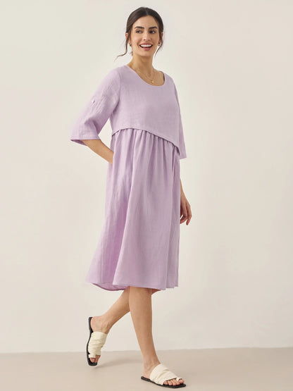100% Linen Asymmetrical Pleated Round Neck Midi Dress YOLANDA by LINTICO