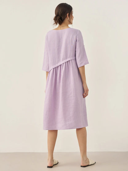 100% Linen Asymmetrical Pleated Round Neck Midi Dress YOLANDA by LINTICO