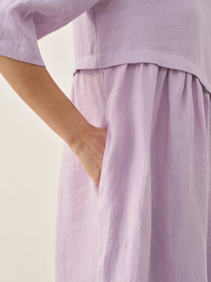 100% Linen Asymmetrical Pleated Round Neck Midi Dress YOLANDA by LINTICO