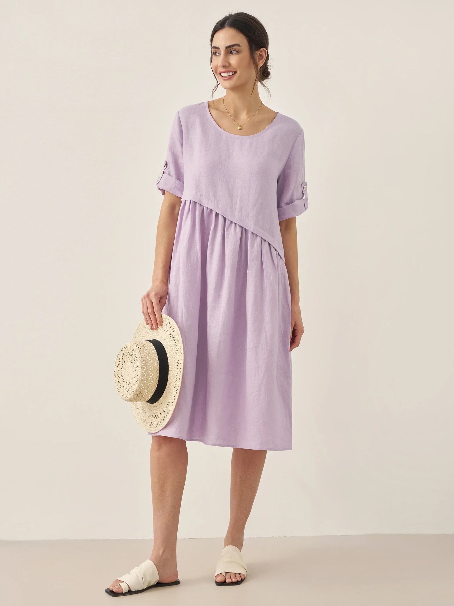 100% Linen Asymmetrical Pleated Round Neck Midi Dress YOLANDA by LINTICO
