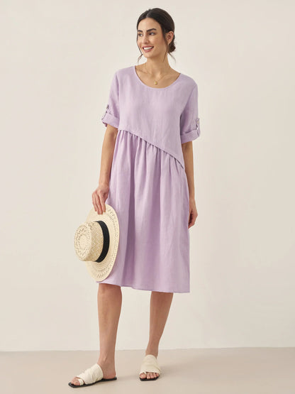 100% Linen Asymmetrical Pleated Round Neck Midi Dress YOLANDA by LINTICO