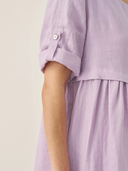 100% Linen Asymmetrical Pleated Round Neck Midi Dress YOLANDA by LINTICO