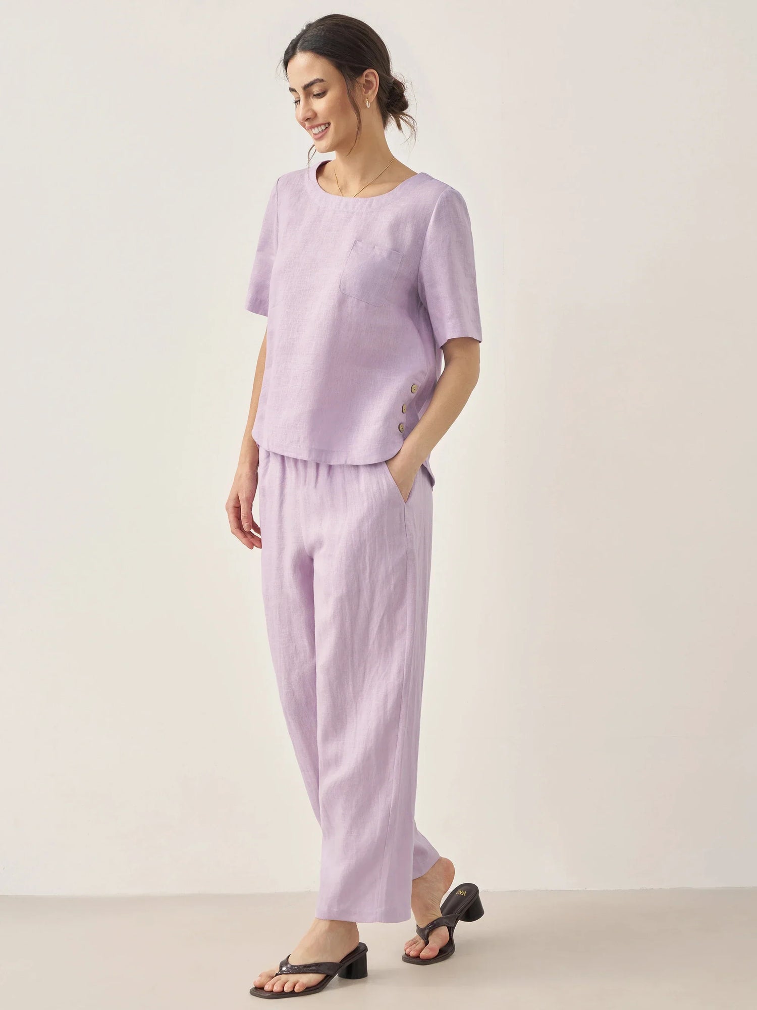 100% Linen Short-Sleeve Round Neck Button Detail Top &amp; Pants Set SASHA by LINTICO