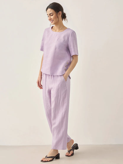 100% Linen Short-Sleeve Round Neck Button Detail Top &amp; Pants Set SASHA by LINTICO