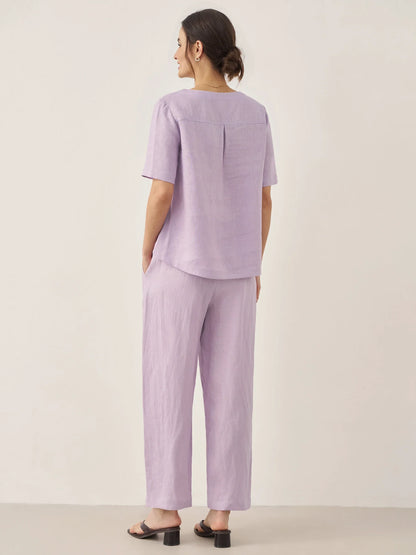100% Linen Short-Sleeve Round Neck Button Detail Top &amp; Pants Set SASHA by LINTICO