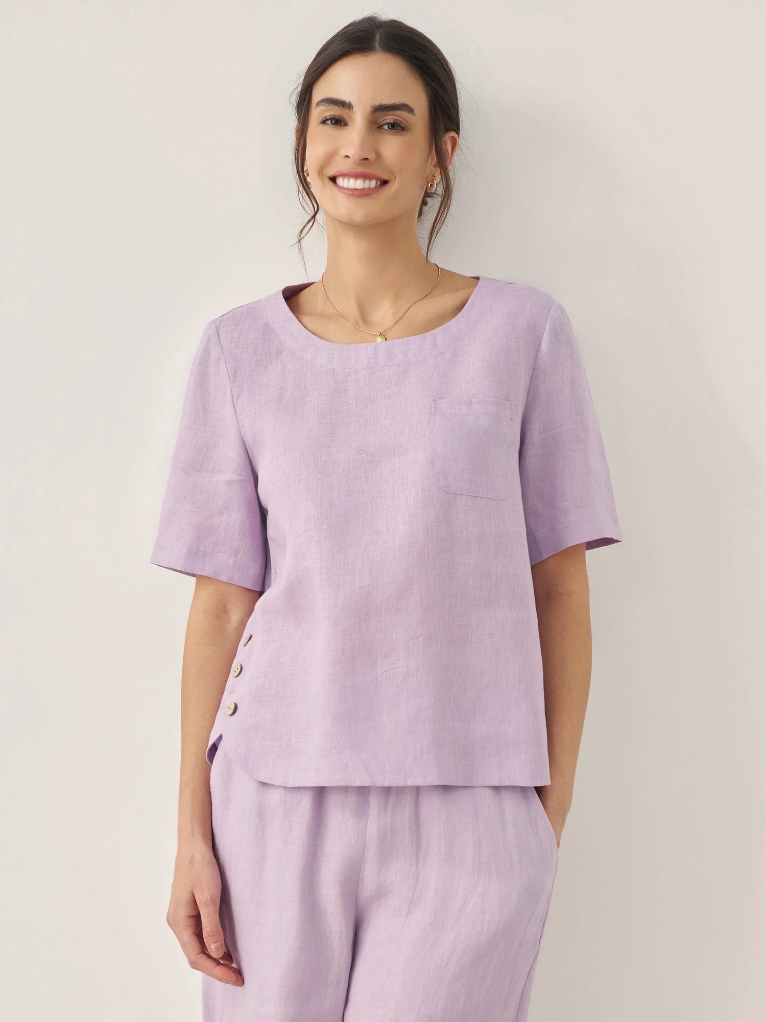 100% Linen Short-Sleeve Round Neck Button Detail Top &amp; Pants Set SASHA by LINTICO