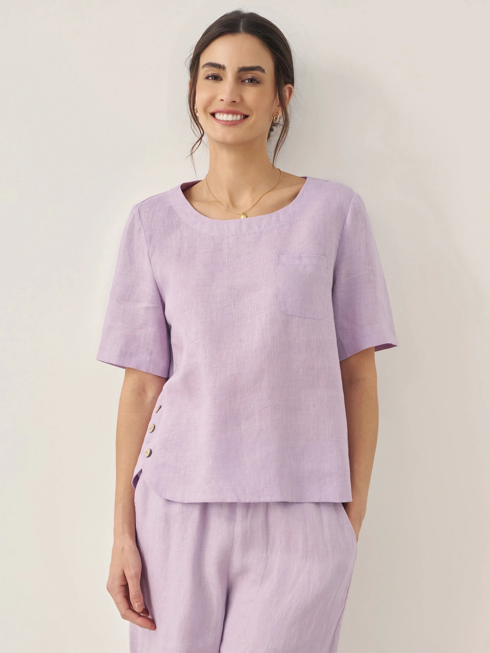 100% Linen Short-Sleeve Round Neck Button Detail Top &amp; Pants Set SASHA by LINTICO