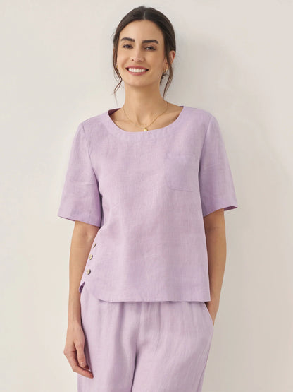 100% Linen Short-Sleeve Round Neck Button Detail Top &amp; Pants Set SASHA by LINTICO