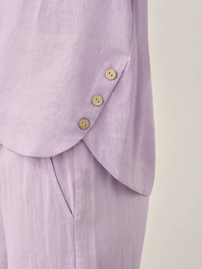 100% Linen Short-Sleeve Round Neck Button Detail Top &amp; Pants Set SASHA by LINTICO