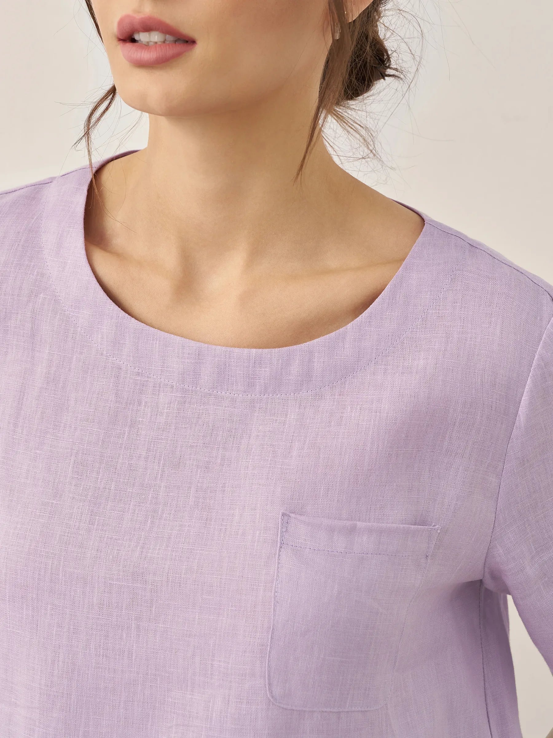 100% Linen Short-Sleeve Round Neck Button Detail Top &amp; Pants Set SASHA by LINTICO