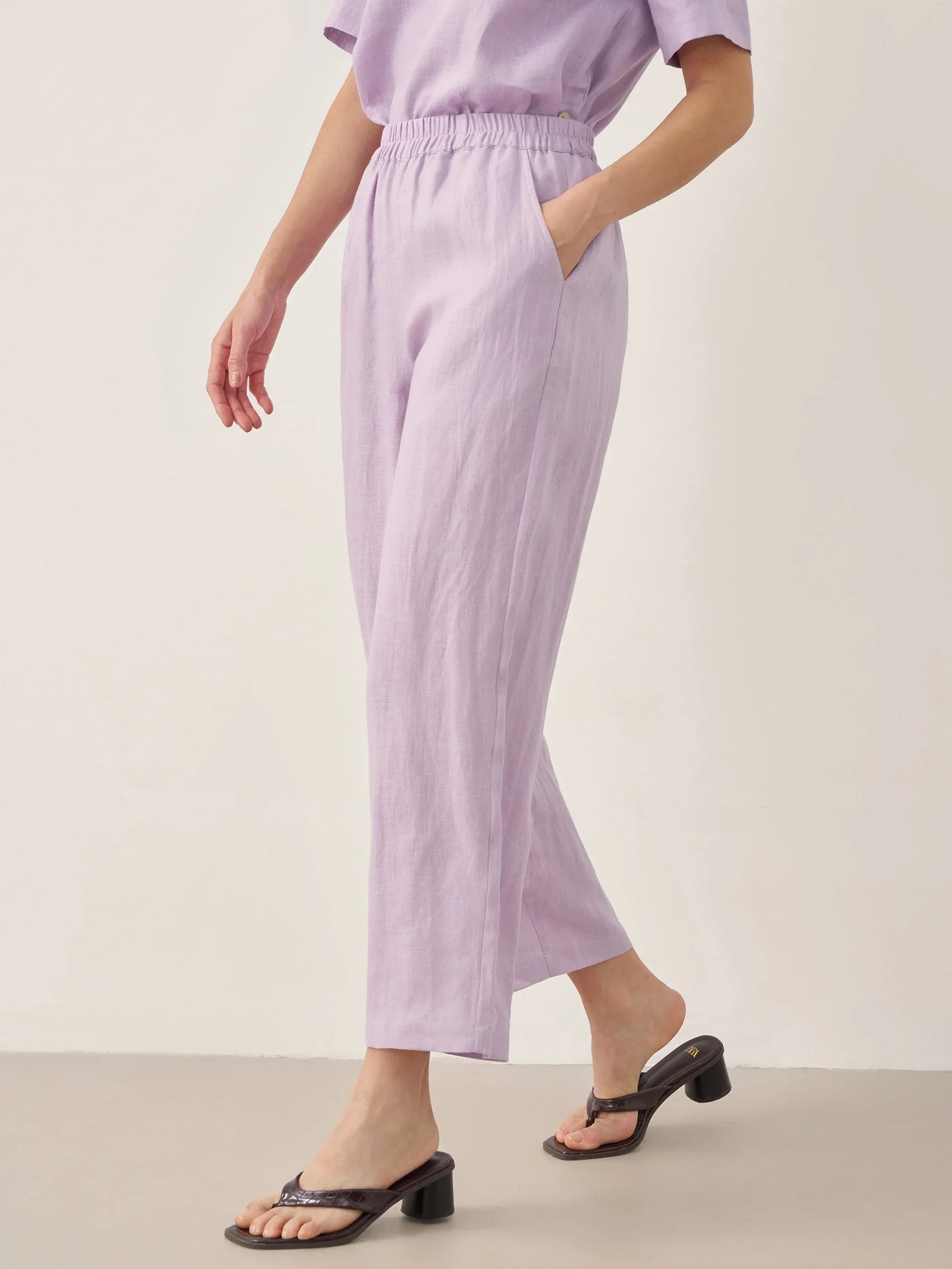 100% Linen Short-Sleeve Round Neck Button Detail Top &amp; Pants Set SASHA by LINTICO