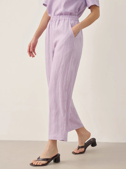 100% Linen Short-Sleeve Round Neck Button Detail Top &amp; Pants Set SASHA by LINTICO