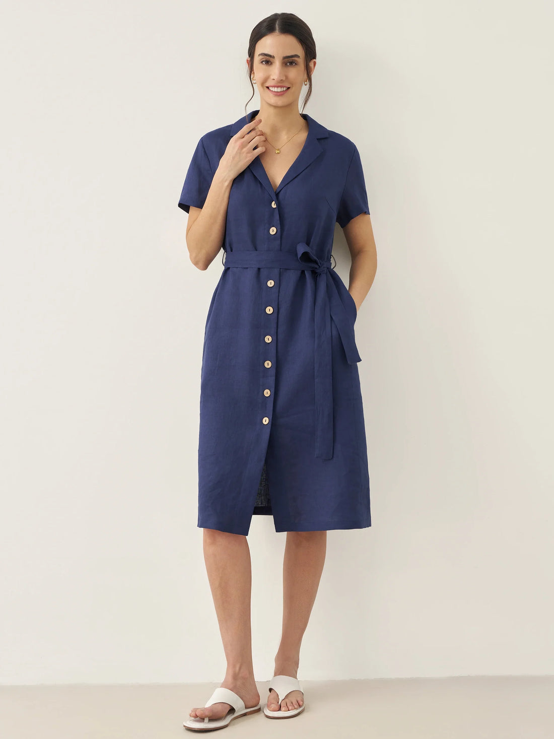 100% Linen V-Neck Button-Front Shirt Dress EILEEN by LINTICO