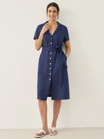 100% Linen V-Neck Button-Front Shirt Dress EILEEN by LINTICO