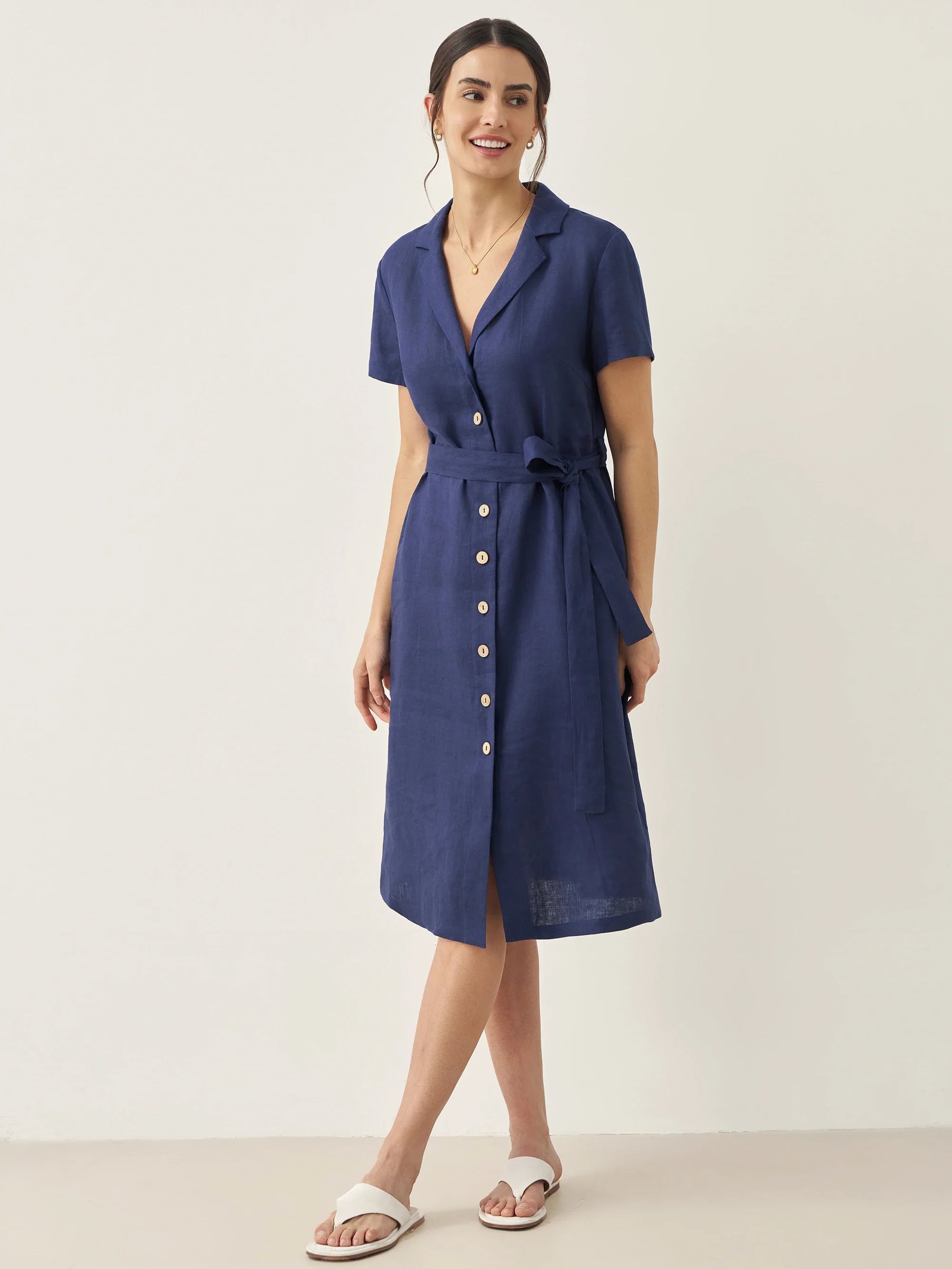 100% Linen V-Neck Button-Front Shirt Dress EILEEN by LINTICO