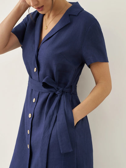 100% Linen V-Neck Button-Front Shirt Dress EILEEN by LINTICO