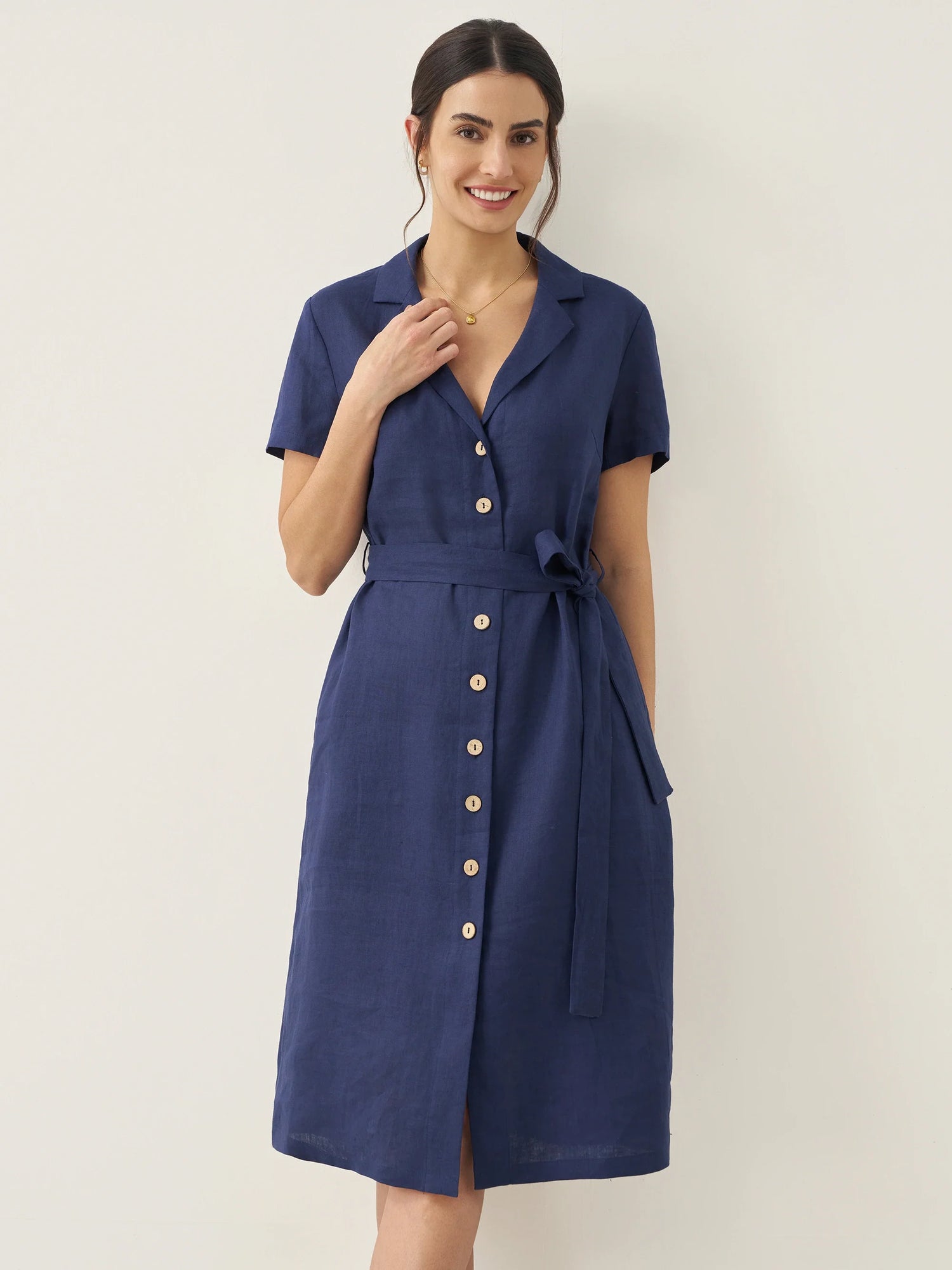 100% Linen V-Neck Button-Front Shirt Dress EILEEN by LINTICO