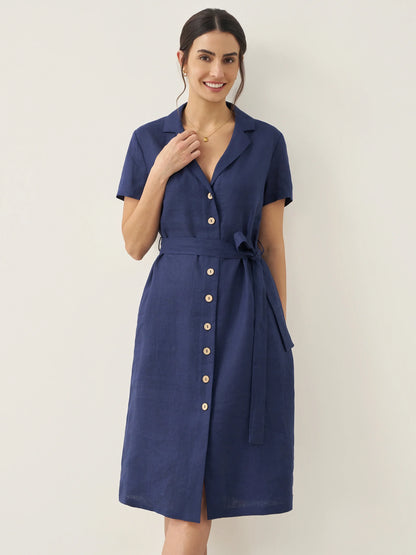 100% Linen V-Neck Button-Front Shirt Dress EILEEN by LINTICO