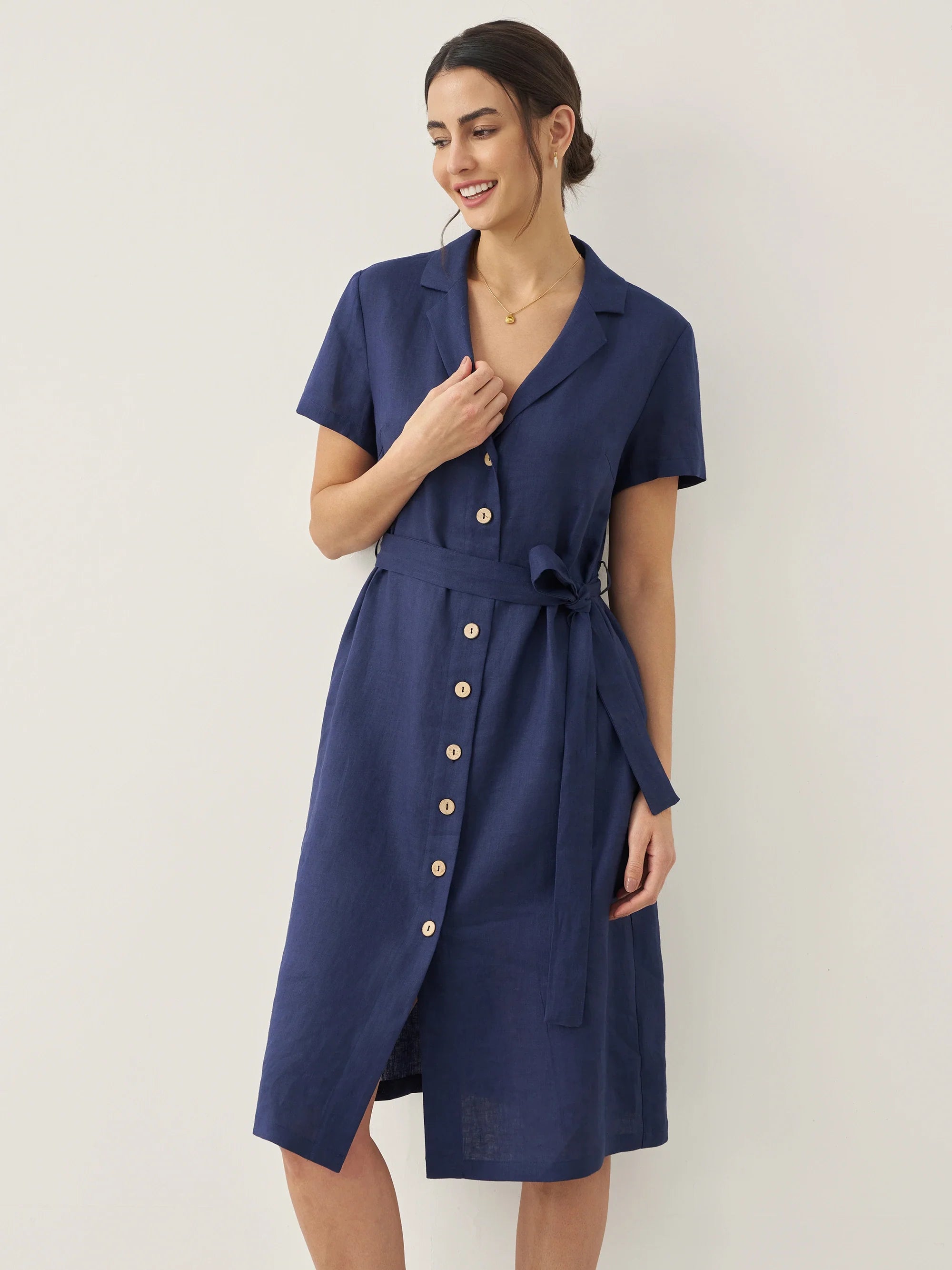 100% Linen V-Neck Button-Front Shirt Dress EILEEN by LINTICO