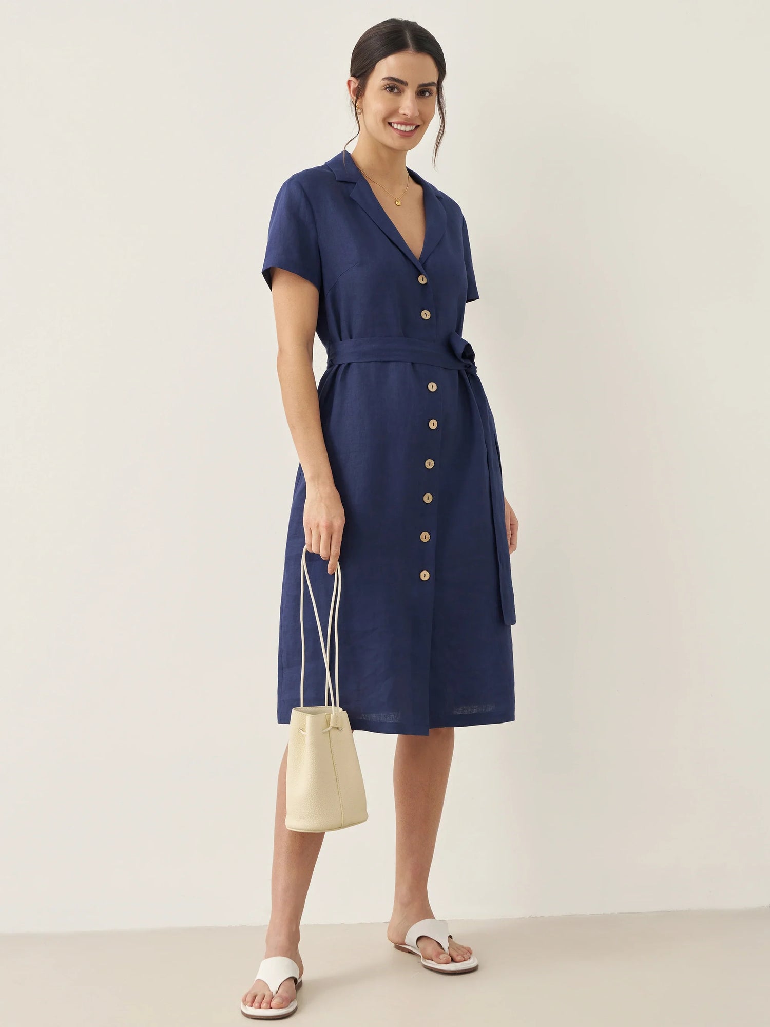 100% Linen V-Neck Button-Front Shirt Dress EILEEN by LINTICO