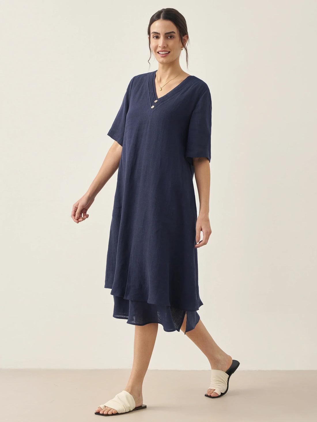 100% Linen V-Neck Double-Layer Midi Dress JAYDA by LINTICO