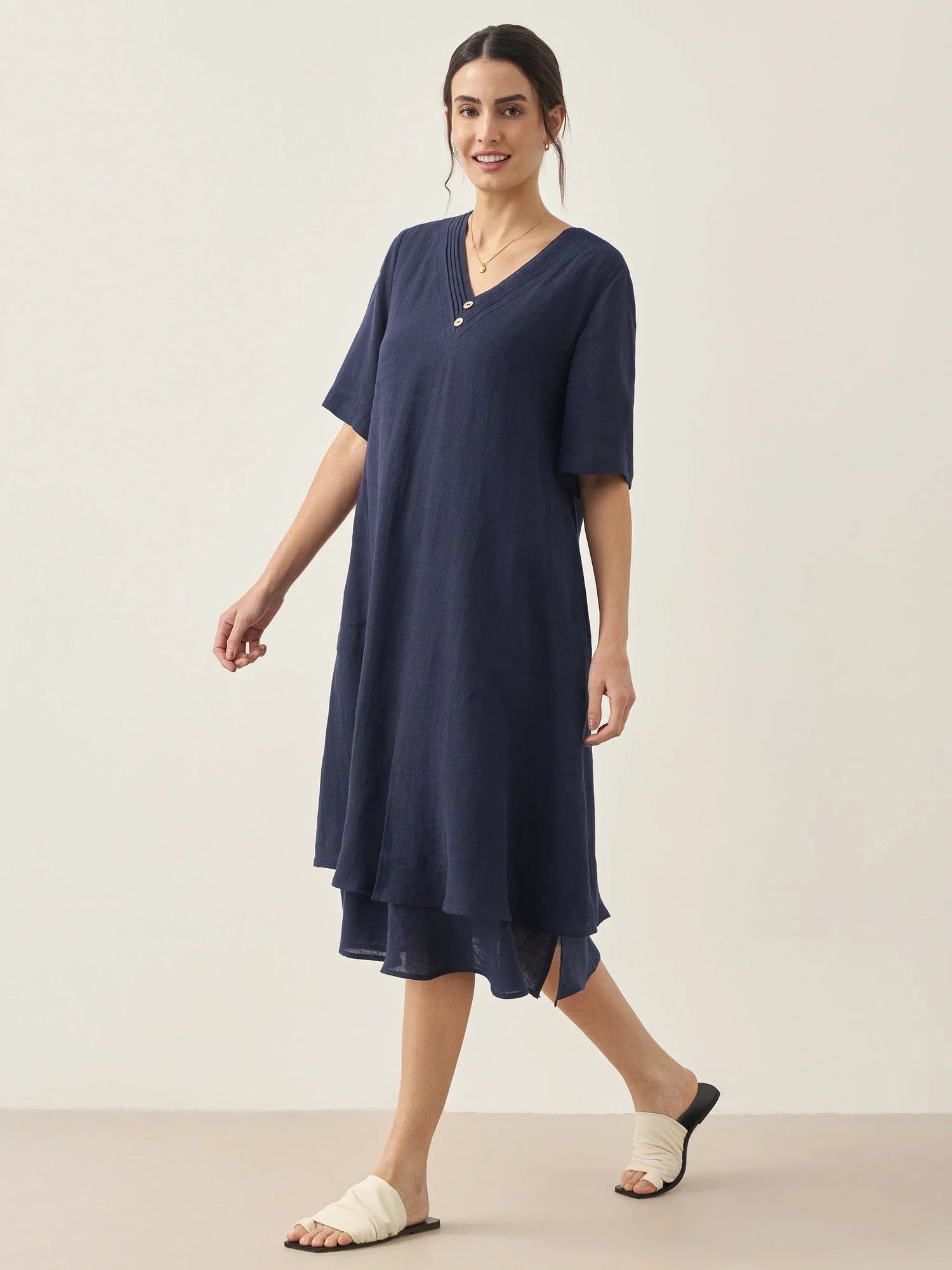 100% Linen V-Neck Double-Layer Midi Dress JAYDA by LINTICO