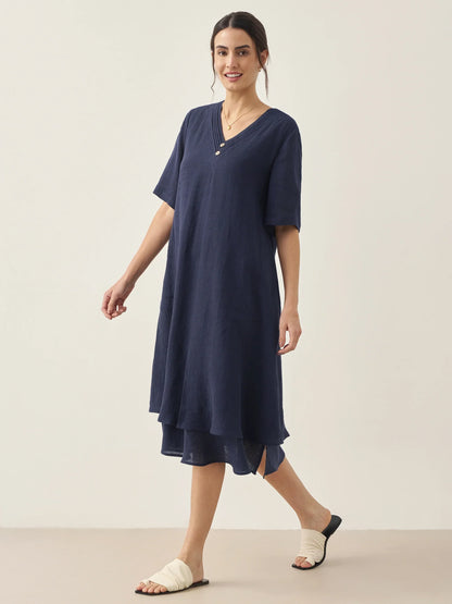 100% Linen V-Neck Double-Layer Midi Dress JAYDA by LINTICO
