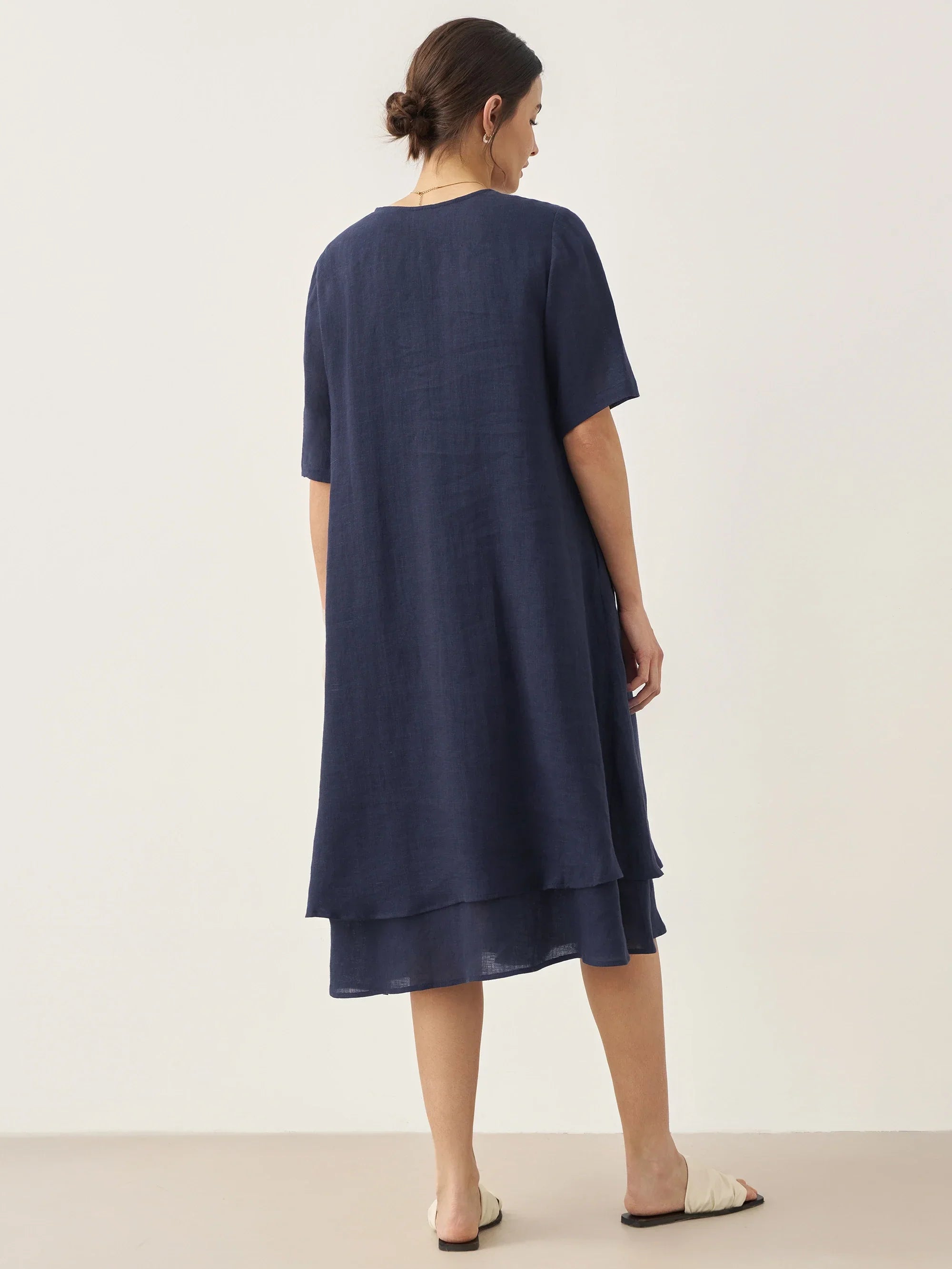 100% Linen V-Neck Double-Layer Midi Dress JAYDA by LINTICO