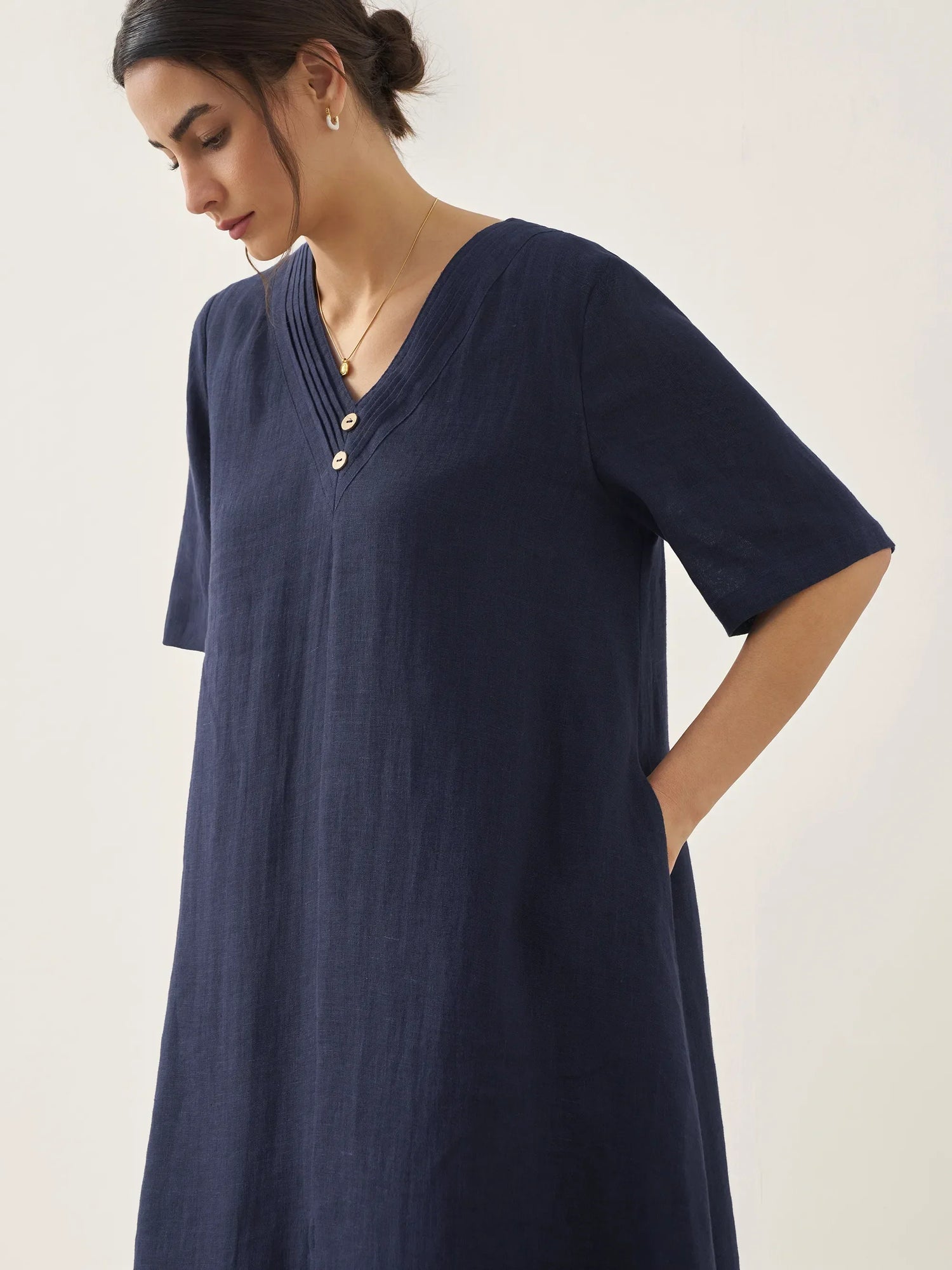 100% Linen V-Neck Double-Layer Midi Dress JAYDA by LINTICO