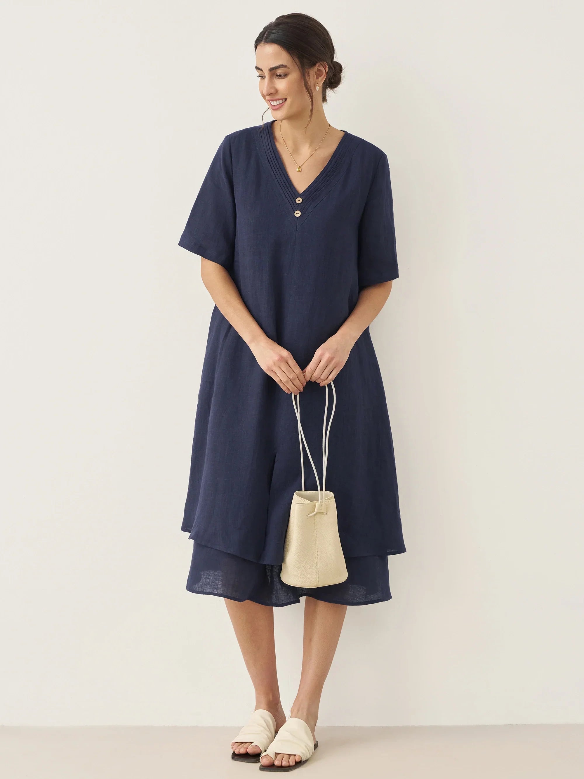 100% Linen V-Neck Double-Layer Midi Dress JAYDA by LINTICO