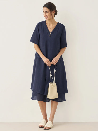 100% Linen V-Neck Double-Layer Midi Dress JAYDA by LINTICO
