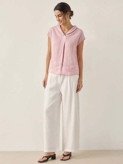 100% Linen Shawl V-Neck Cap Sleeves Top ELARA by LINTICO
