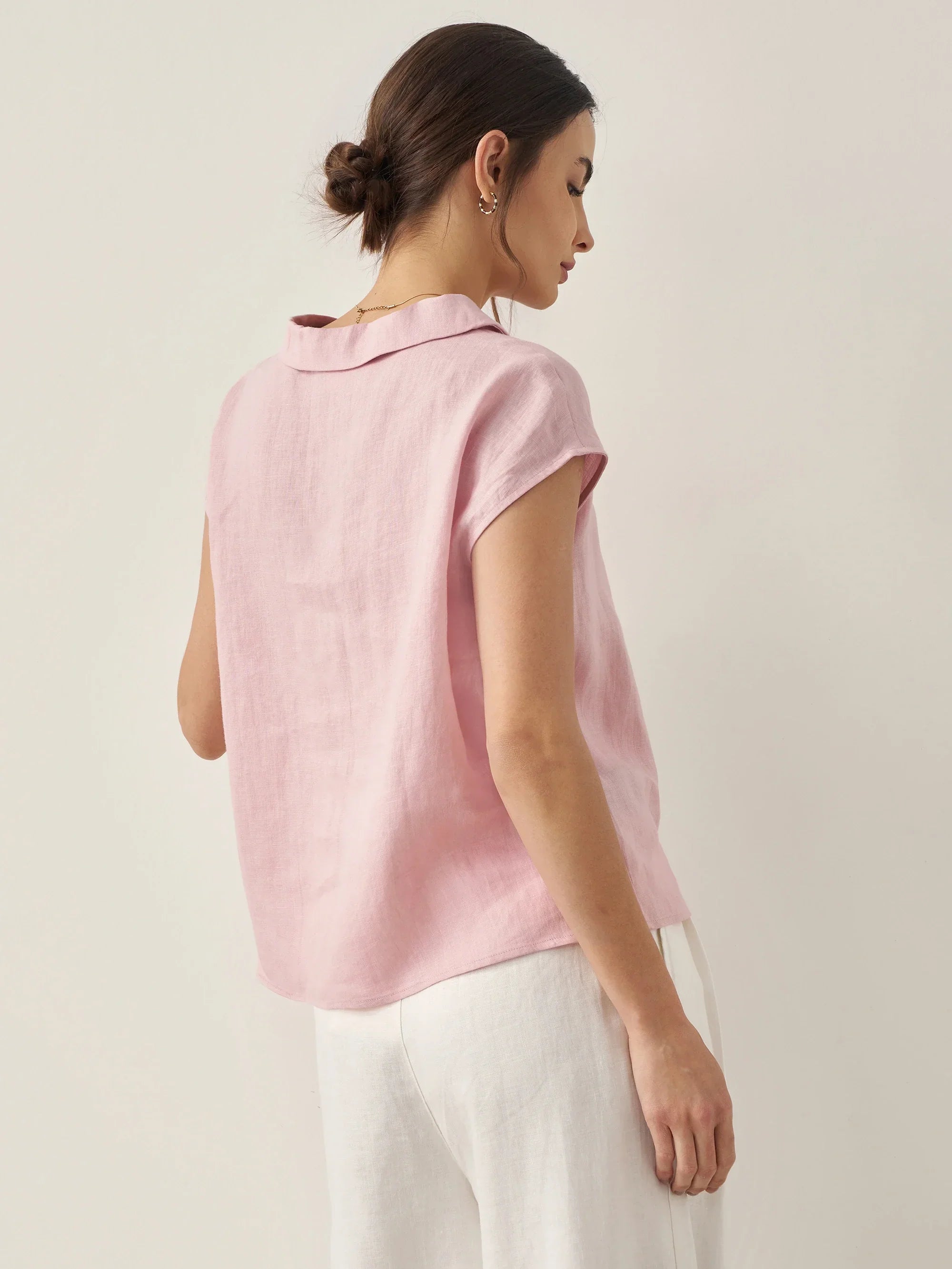 100% Linen Shawl V-Neck Cap Sleeves Top ELARA by LINTICO