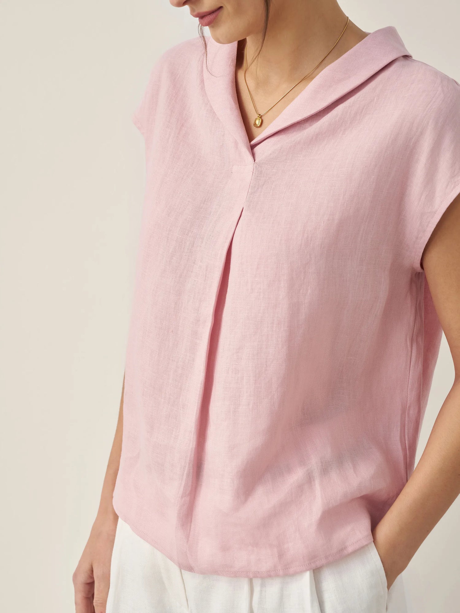 100% Linen Shawl V-Neck Cap Sleeves Top ELARA by LINTICO