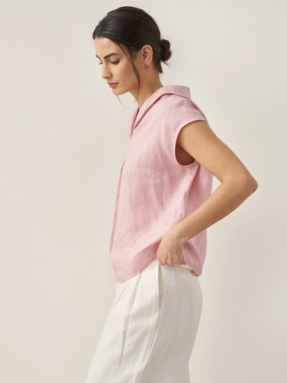 100% Linen Shawl V-Neck Cap Sleeves Top ELARA by LINTICO