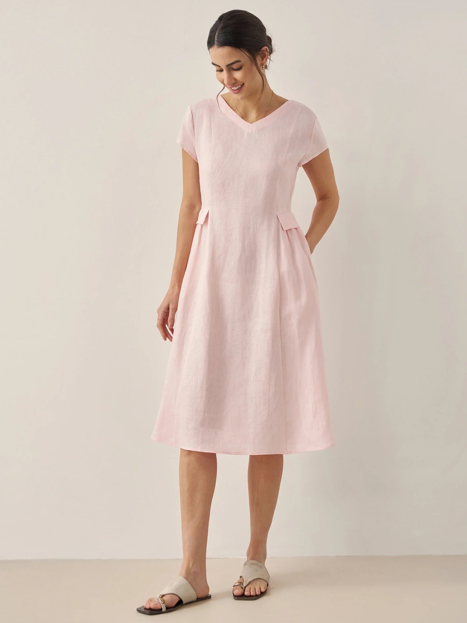 100% Linen Natural Summer V-Neck Dress ALEXA by LINTICO