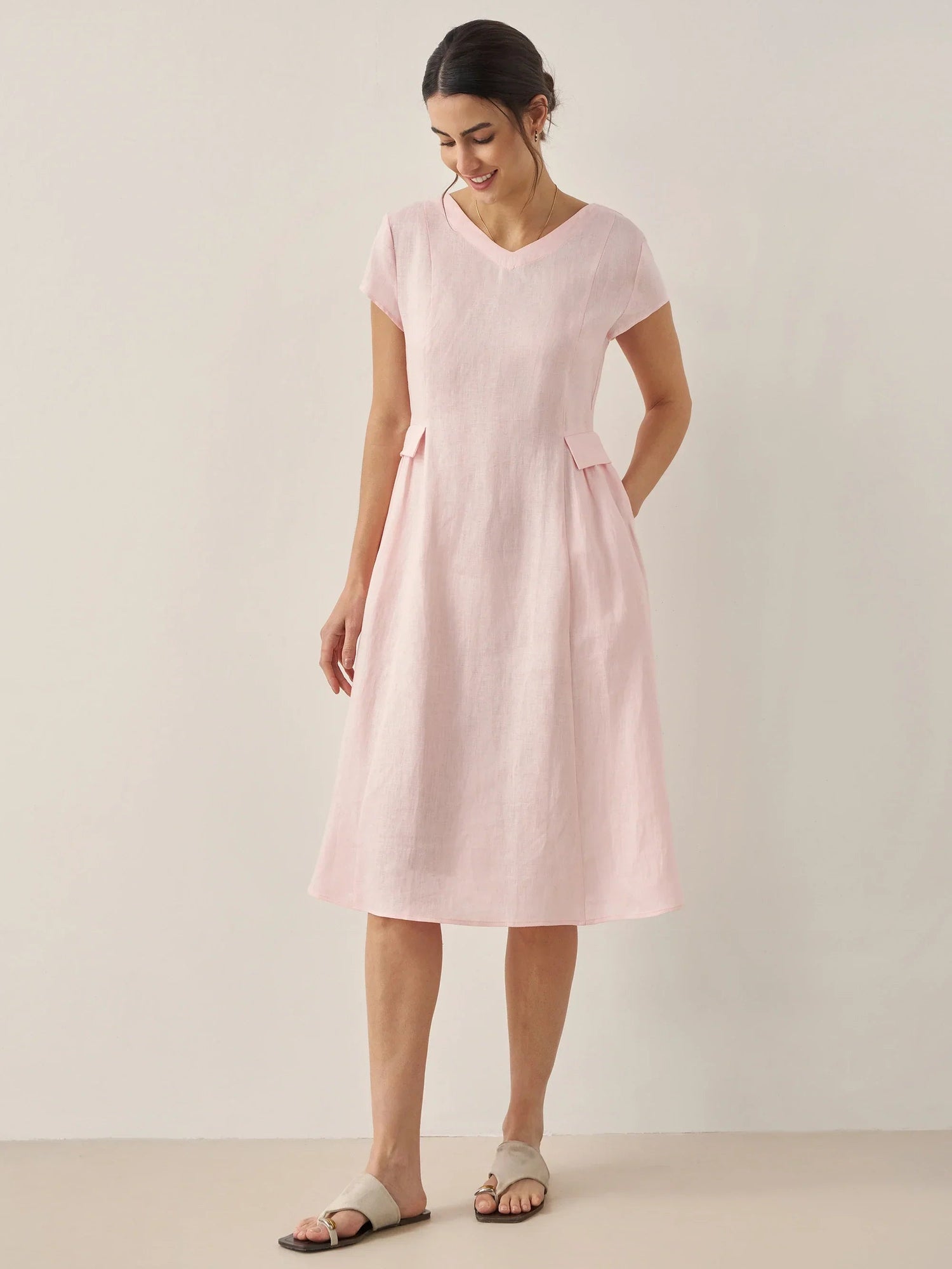 100% Linen Natural Summer V-Neck Dress ALEXA  DestGlow