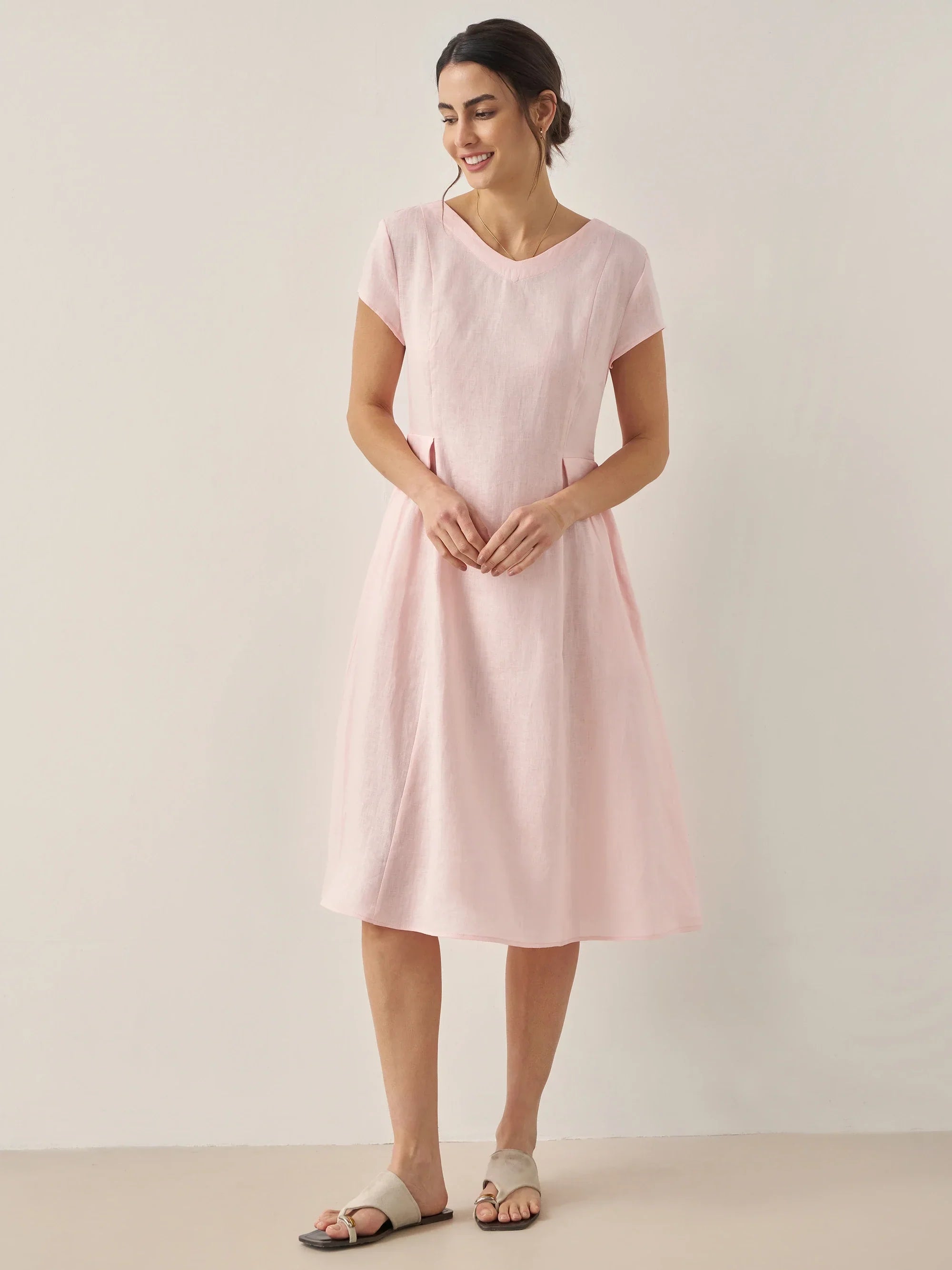 100% Linen Natural Summer V-Neck Dress ALEXA  DestGlow