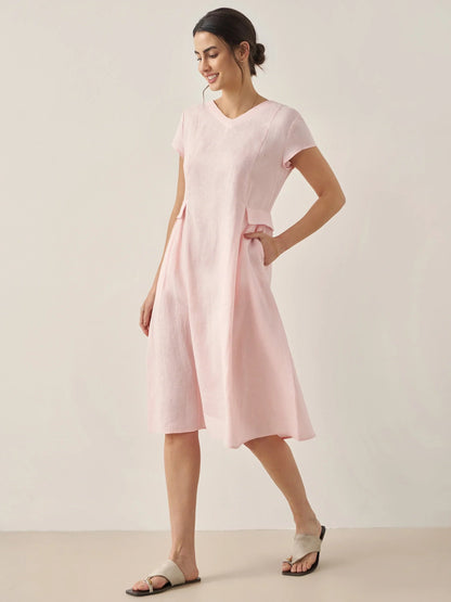 100% Linen Natural Summer V-Neck Dress ALEXA  DestGlow