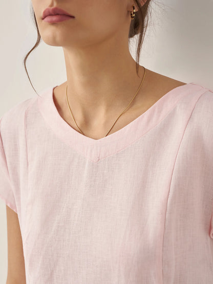 100% Linen Natural Summer V-Neck Dress ALEXA by LINTICO