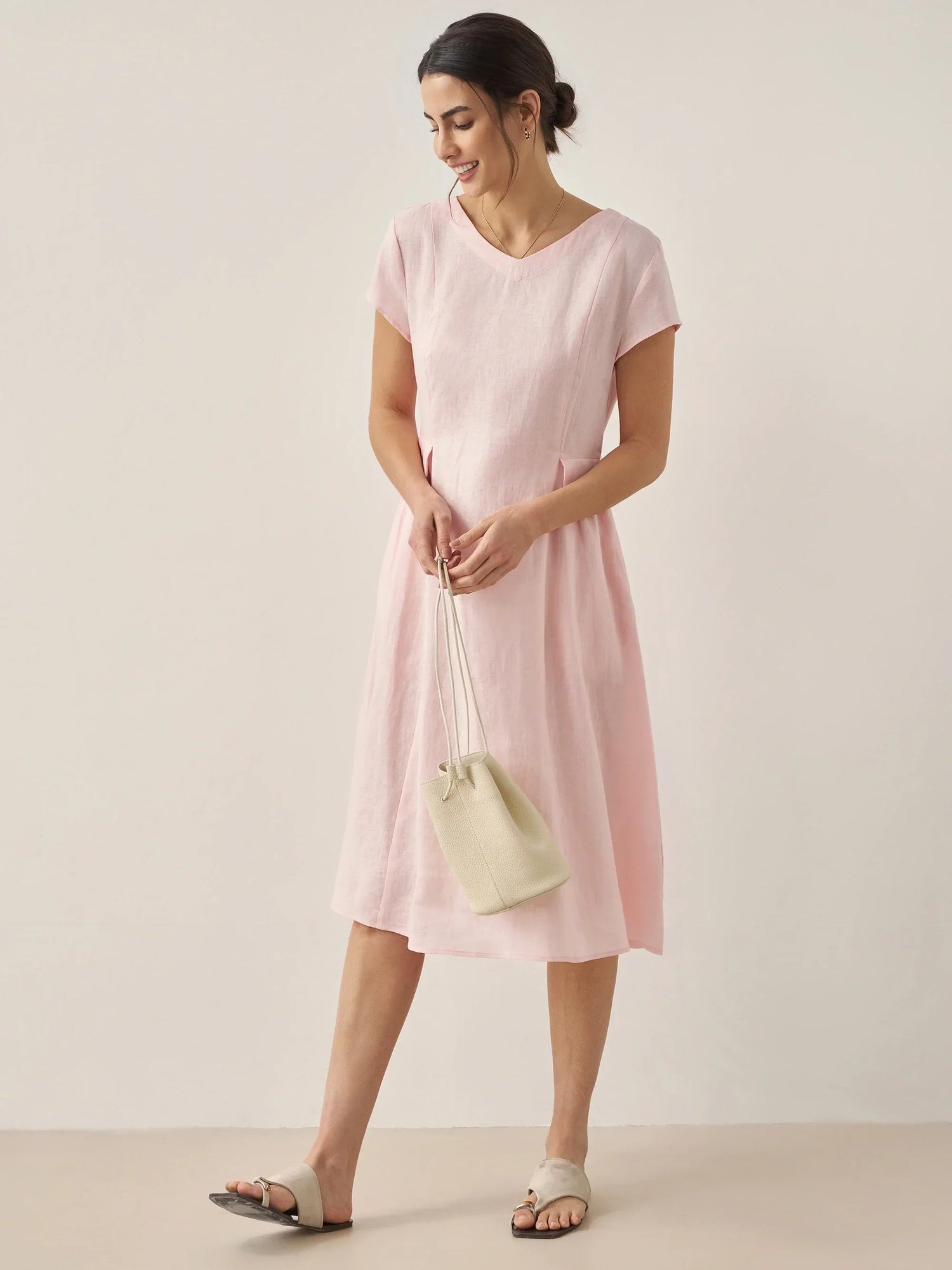 100% Linen Natural Summer V-Neck Dress ALEXA  DestGlow