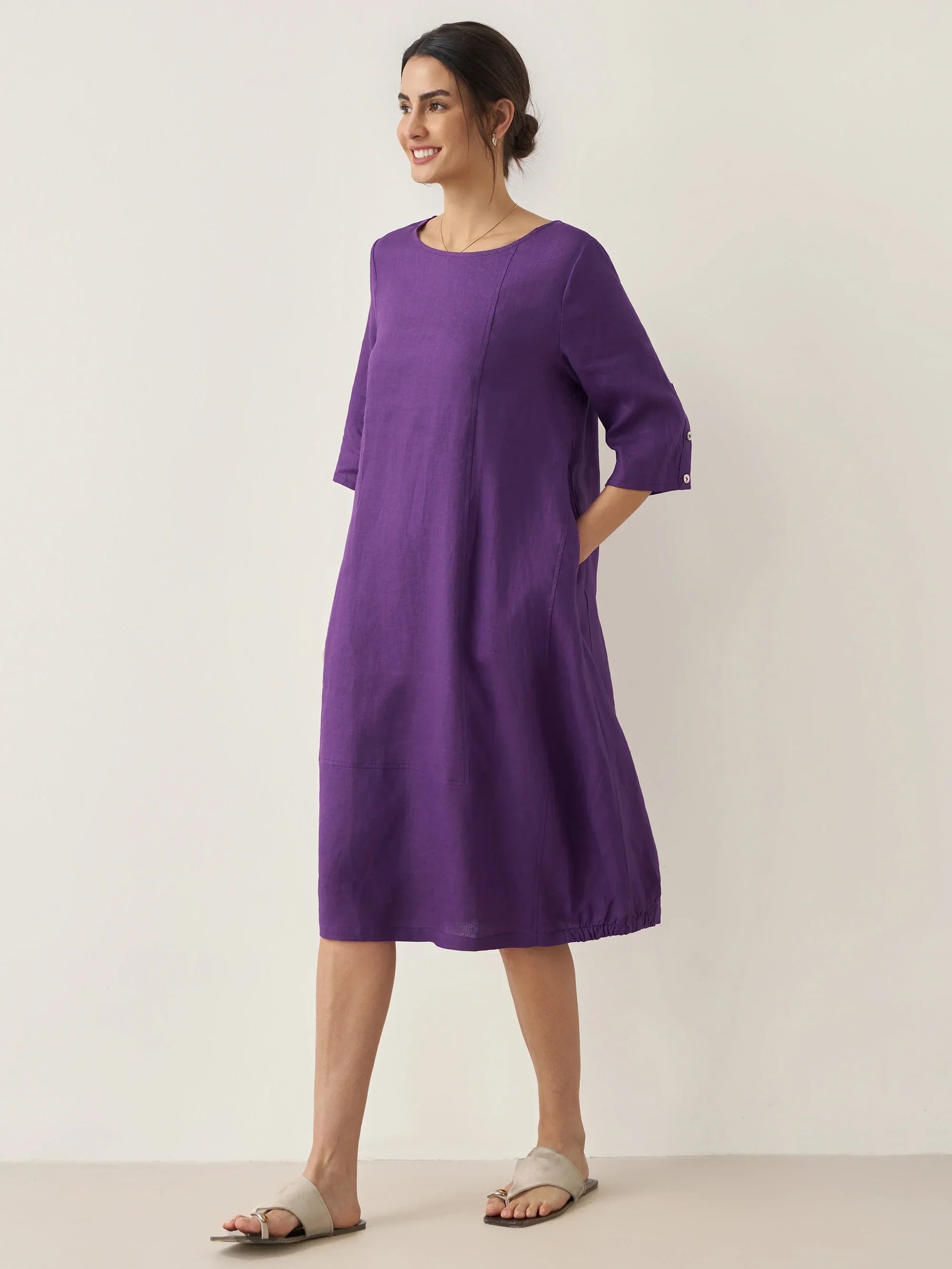 100% Linen Collarless Mid-Length Dress SOFIA by LINTICO