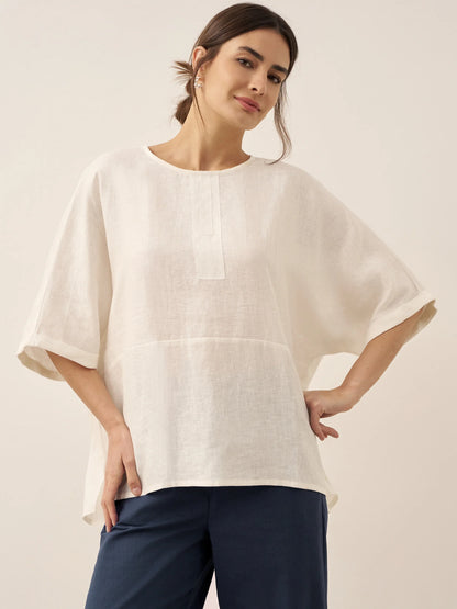 100% Linen Round Neck Mid-Sleeve Top ROBYN by LINTICO