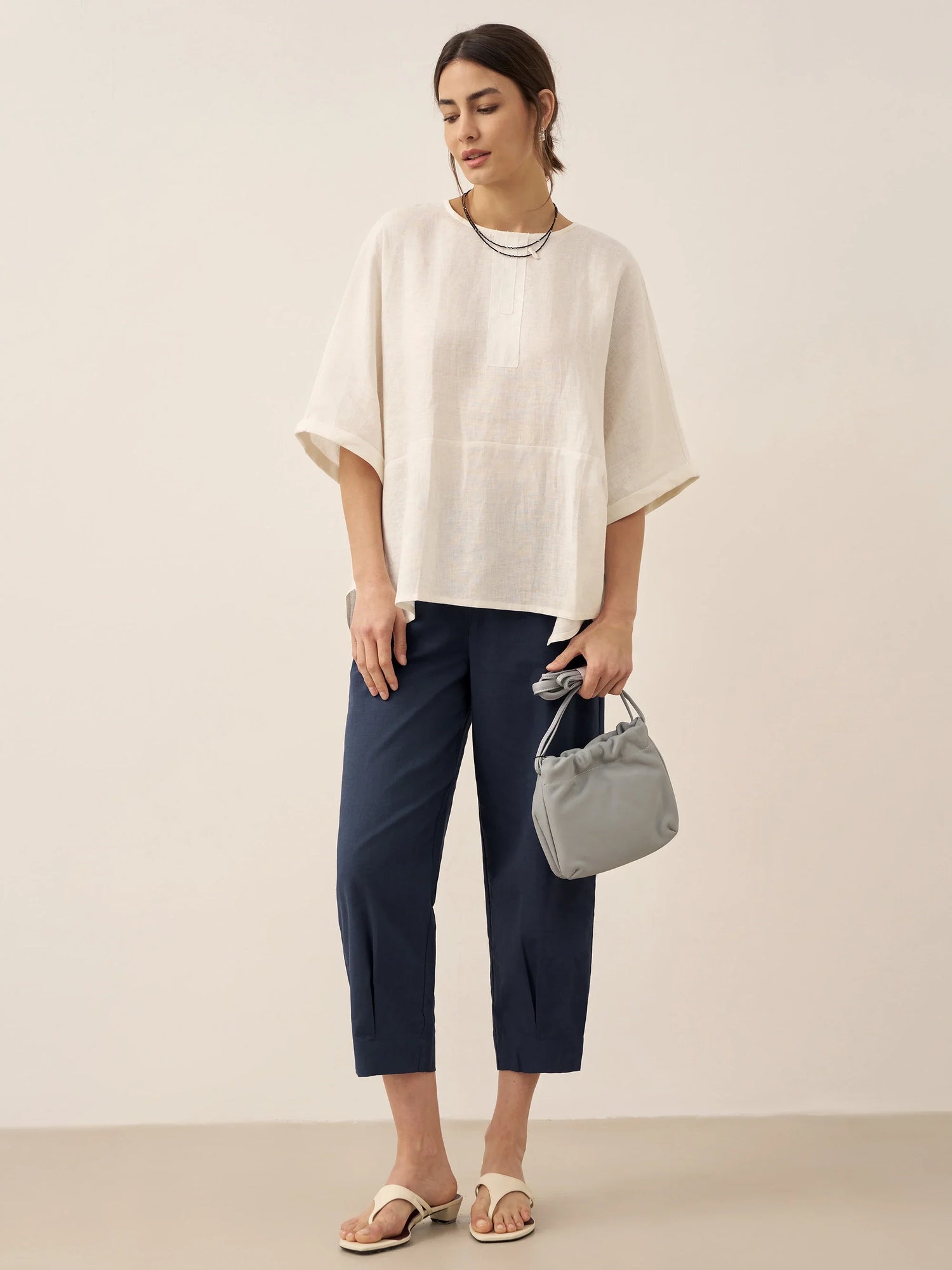 100% Linen Round Neck Mid-Sleeve Top ROBYN by LINTICO