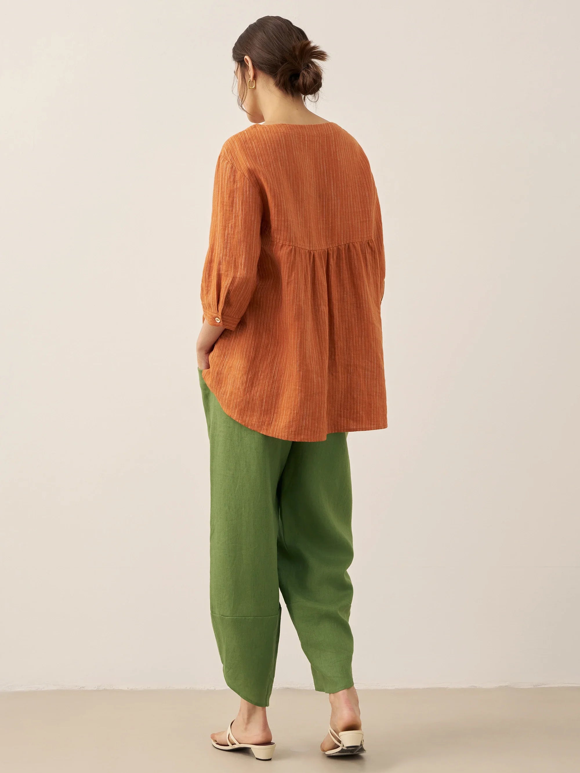 100% Linen Round Neck Artistic Stripe Top FLORENCE by LINTICO