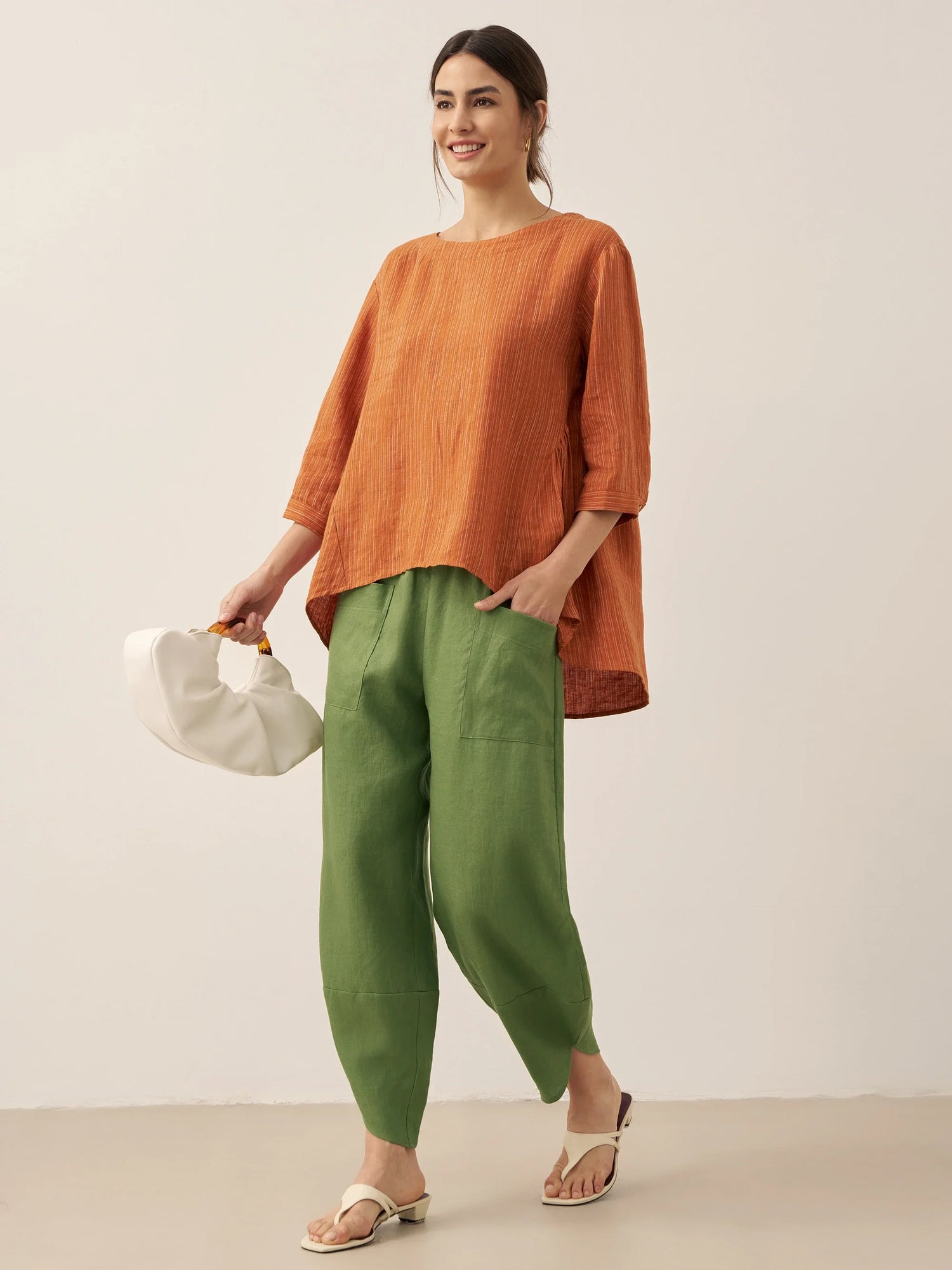 100% Linen Round Neck Artistic Stripe Top FLORENCE by LINTICO