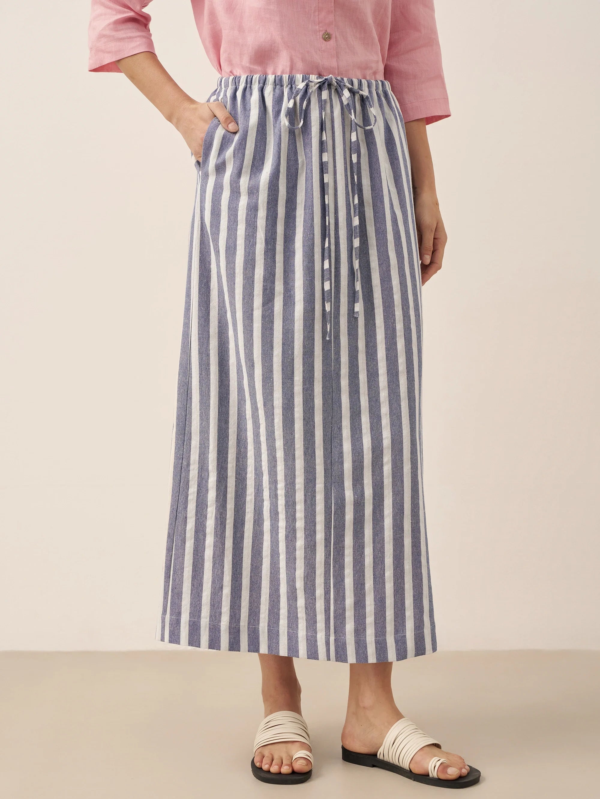 Linen Striped Drawstring Skirt ELISE by LINTICO
